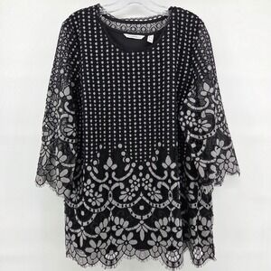 Isaac Mizrahi Tunic Top Large Black‎ Lace Overlay Elegant Chic Evening